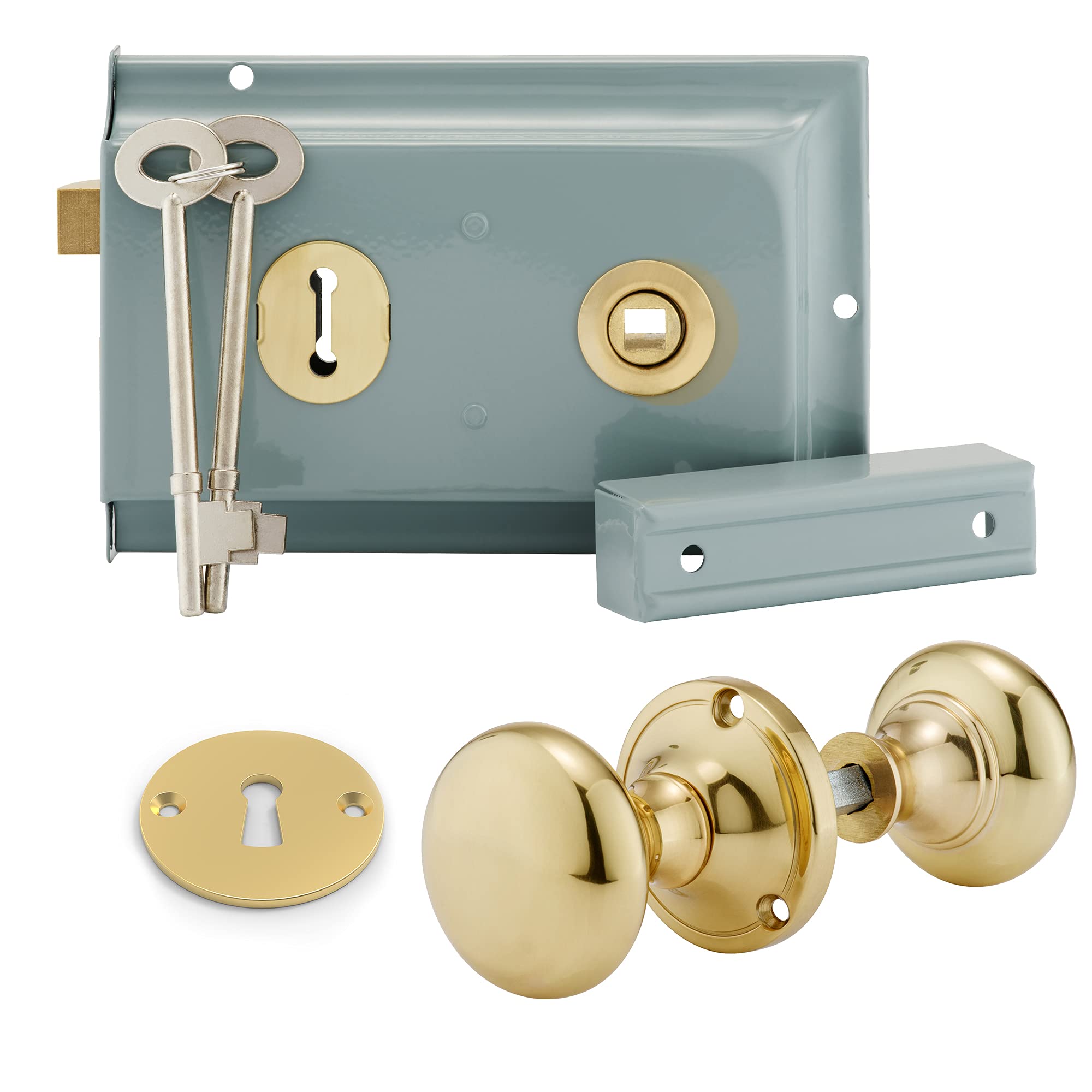 XFORT Premium Range 6"x 4" Traditional Grey Rim Lock Set with Rim Knob, Surface Door Lock with Latch, Shed Lock with Key, Vintage Garden Gate Lock, for External Sheds, Gate or Doors