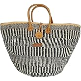 Balance Stripes Handwoven Economical Sisal Tote Bag, Market Grocery Shopping Bags with Leather Strap Handles and Button Closure, Summer Beach Basket Handbag, Large Straw Shoulder Purse for Women