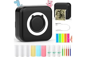 HuiJuKeJi Inkless Sticker Printer for iOS&Android Print Pod Mini Thermal Printer with 10 Rolls Thermal Paper,Color Pen,Bluetooth Pocket Portable Receipt Printer for Photo Journal Notes Memo-Black