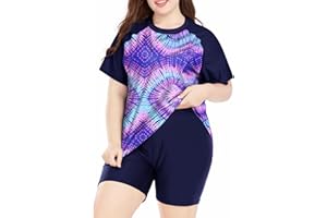 Davena Women's Plus Size 2 Piece Rash Guard Short Sleeve Swimsuit with Boyshorts Swim Shirt UPF 50+