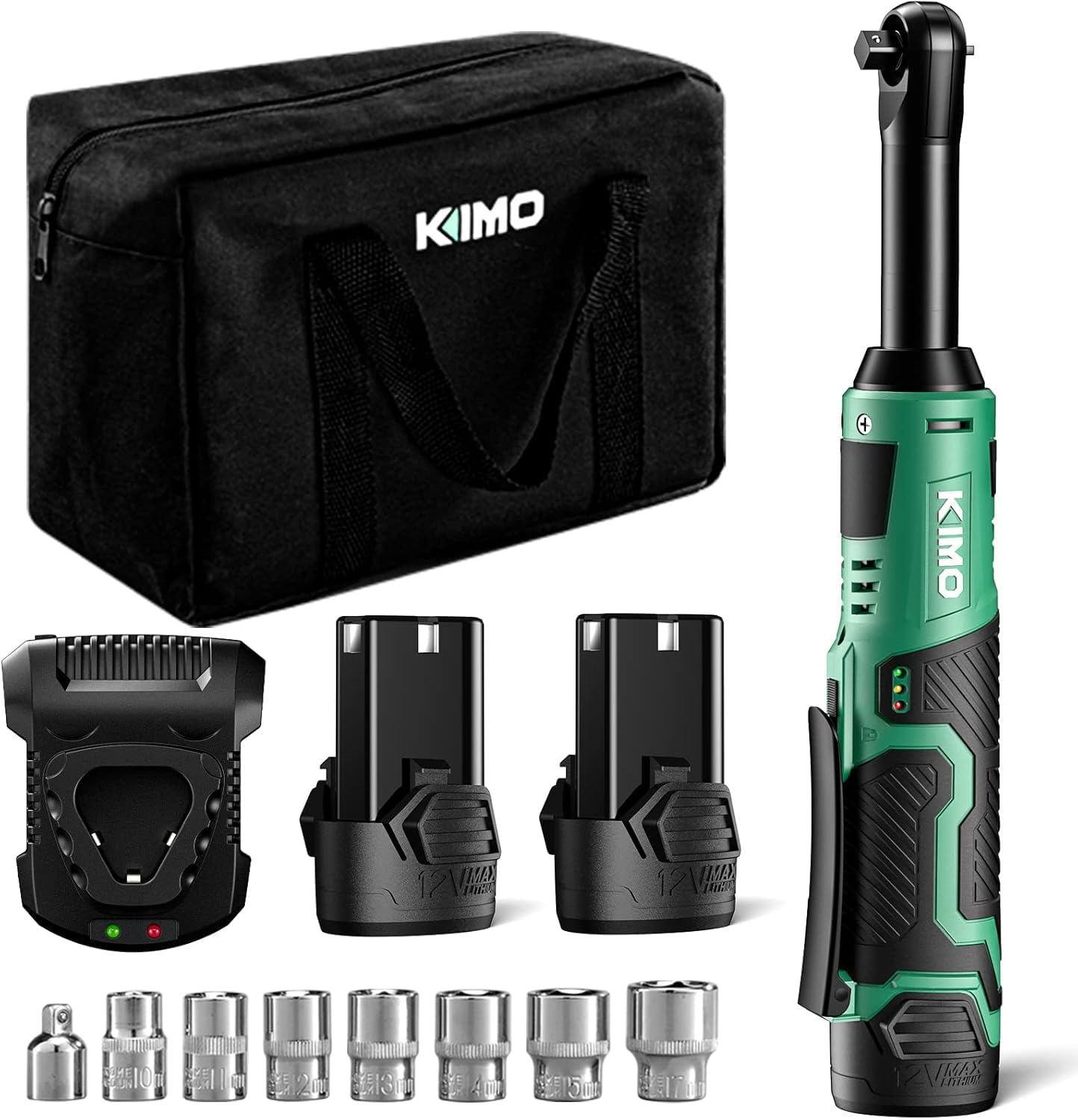 Photo 1 of KIMO 3/8" Extended Electric Ratchet Wrench Set, 400RPM 40Ft-Lbs 12V Cordless Ratchet Wrench w/ 2x2.0 Ah Batteries, 1Hour Charger, 7Sockets & 1/4" Adapter, Power Ratchet with Variable Speed & LED Light