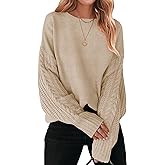 ZESICA Women's 2026 Spring Long Sleeve Crew Neck Solid Color Cable Knit Chunky Casual Oversized Pullover Sweater Tops