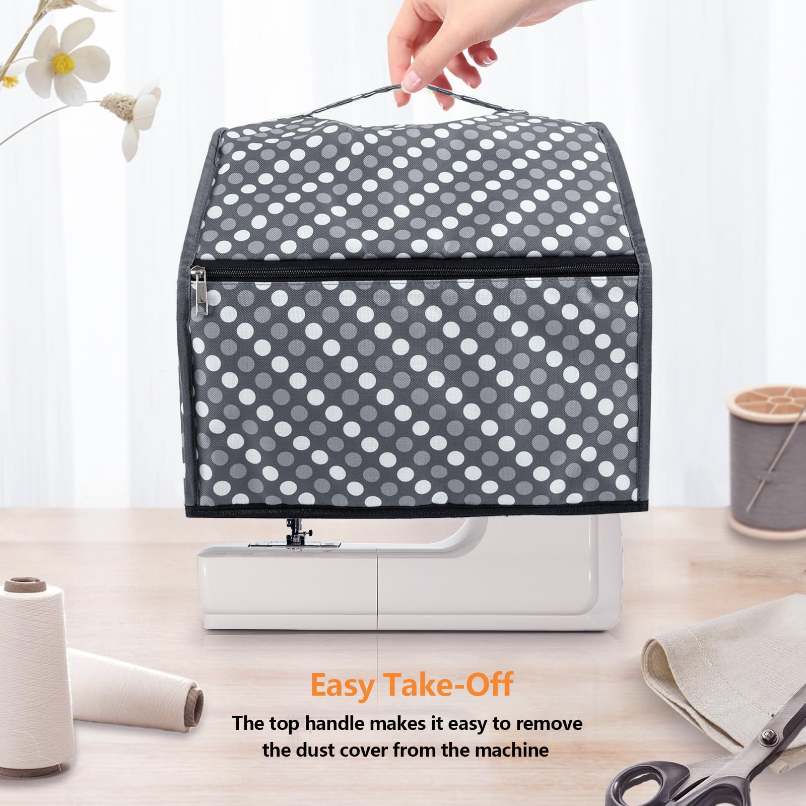 Sewing Machine Cover with Storage Pockets,serger Dust Covers Heavy Duty Waterproof Nylon Case,Fits Most Standard Singer Brother Machines Overlock Tool Accessories,Grey Dots