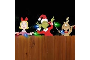 ROCWOHO Christmas Grinch Fence Decorations with LED String Lights Funny Christmas Yard Decorations for Fence Yard Garden Lawn Christmas Decor Outside