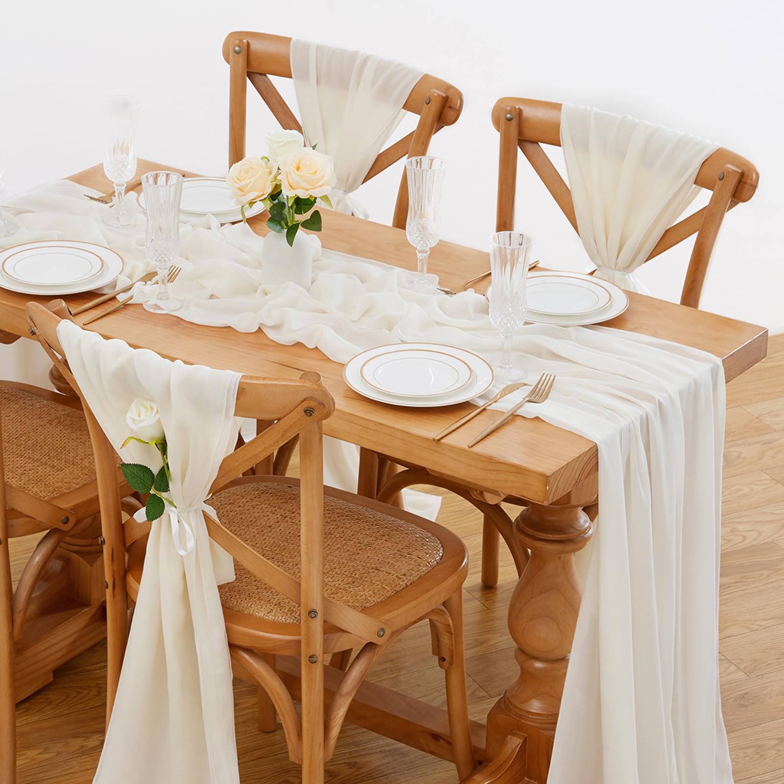 Chiffon Table Runner 5 Pieces 27x120 Inches Ivory Sheer Elegant Runners 10Ft Rustic Table Linens for Wedding Boho Party Decor Image