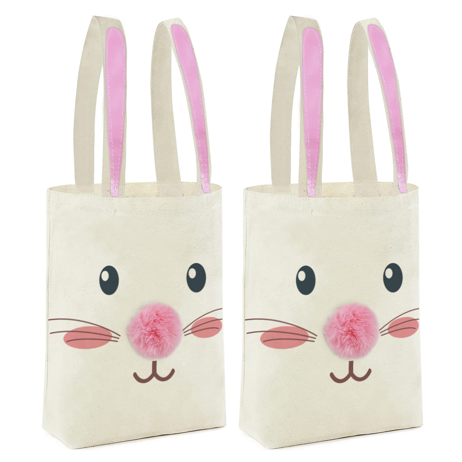 ATFUNSHOP 2 Pcs Easter Canvas Tote Bag for Kids Reusable Large Easter Bunny Bags Baskets for Easter Egg Hunt Baby Shower Birthday Party Supplies (Pink)