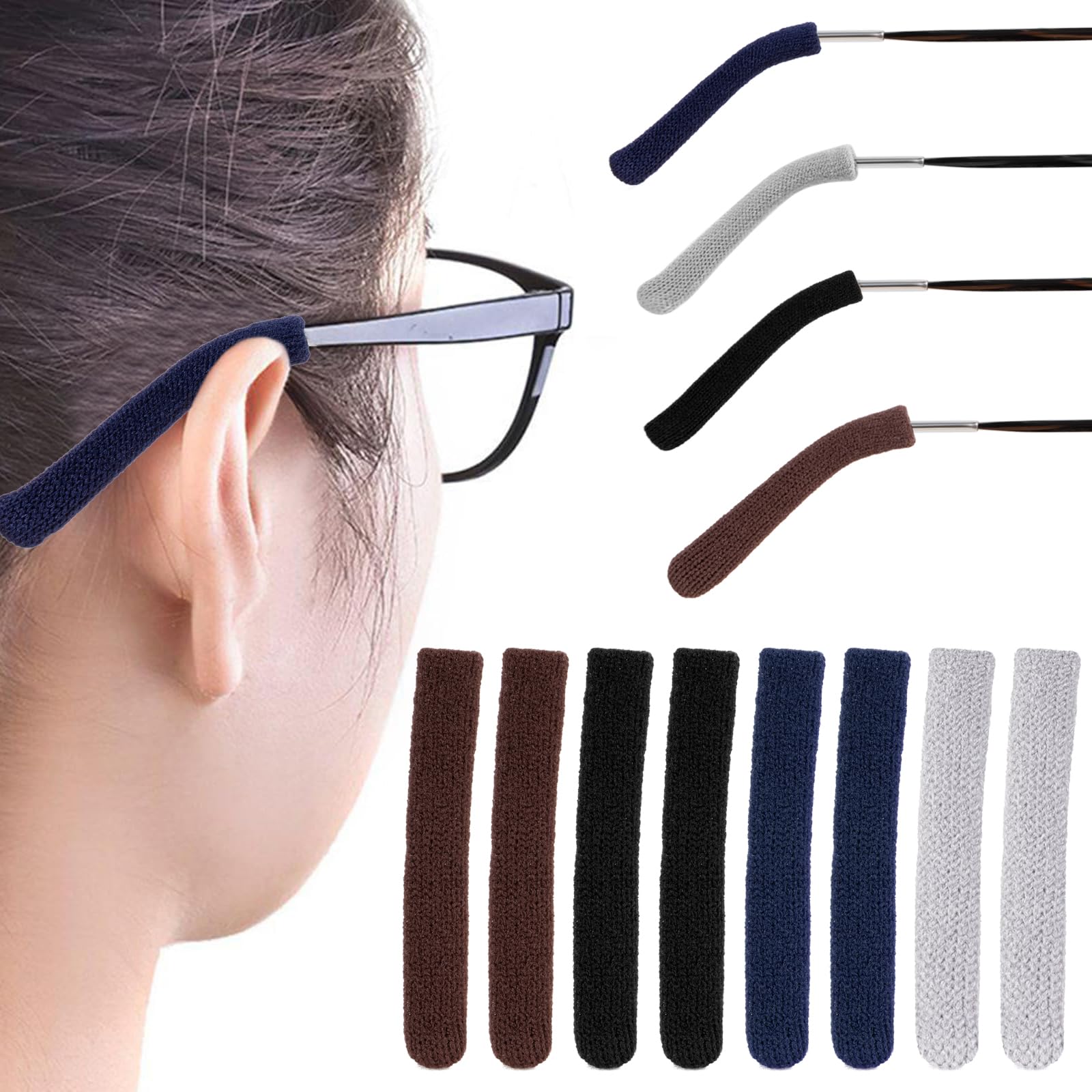Eyeglasses Temple Tips Sleeve, Eye Glasses Ear Cushion, Anti-Slip Elastic Glasses Grips, Soft Knitting Fabric Eyewear Retainer for Reading Glasses, Sunglasses (4 Pairs, Black, Grey, Brown, Navy Blue)
