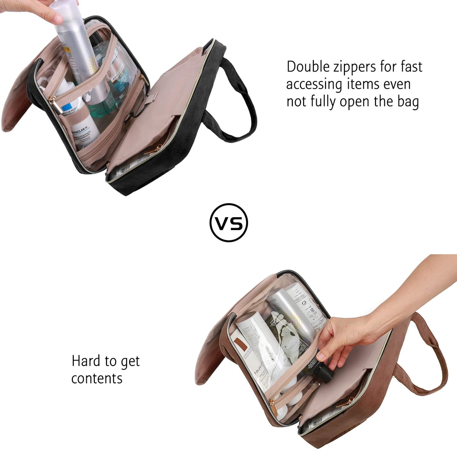 BAGSMART Toiletry Bag Travel Bag with hanging hook, Water-resistant Makeup Cosmetic Bag Travel Organizer for Accessories, Shampoo, Full Sized Container, Toiletries, Black: Clothing