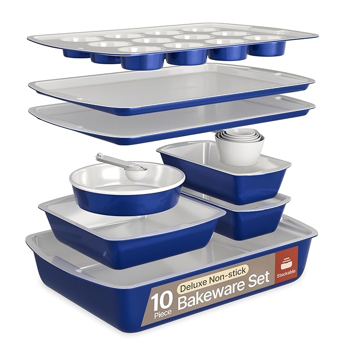 Royal Blue 10-Piece Bakeware Sets, Nonstick Carbon Steel Baking Sheet & Pans, Stackable Space-Saving Bakeware, Dishwasher Safe, Stain-resistant, PFOAPFOSPTFE Free, Oven Safe Up To 450°F (230°C)