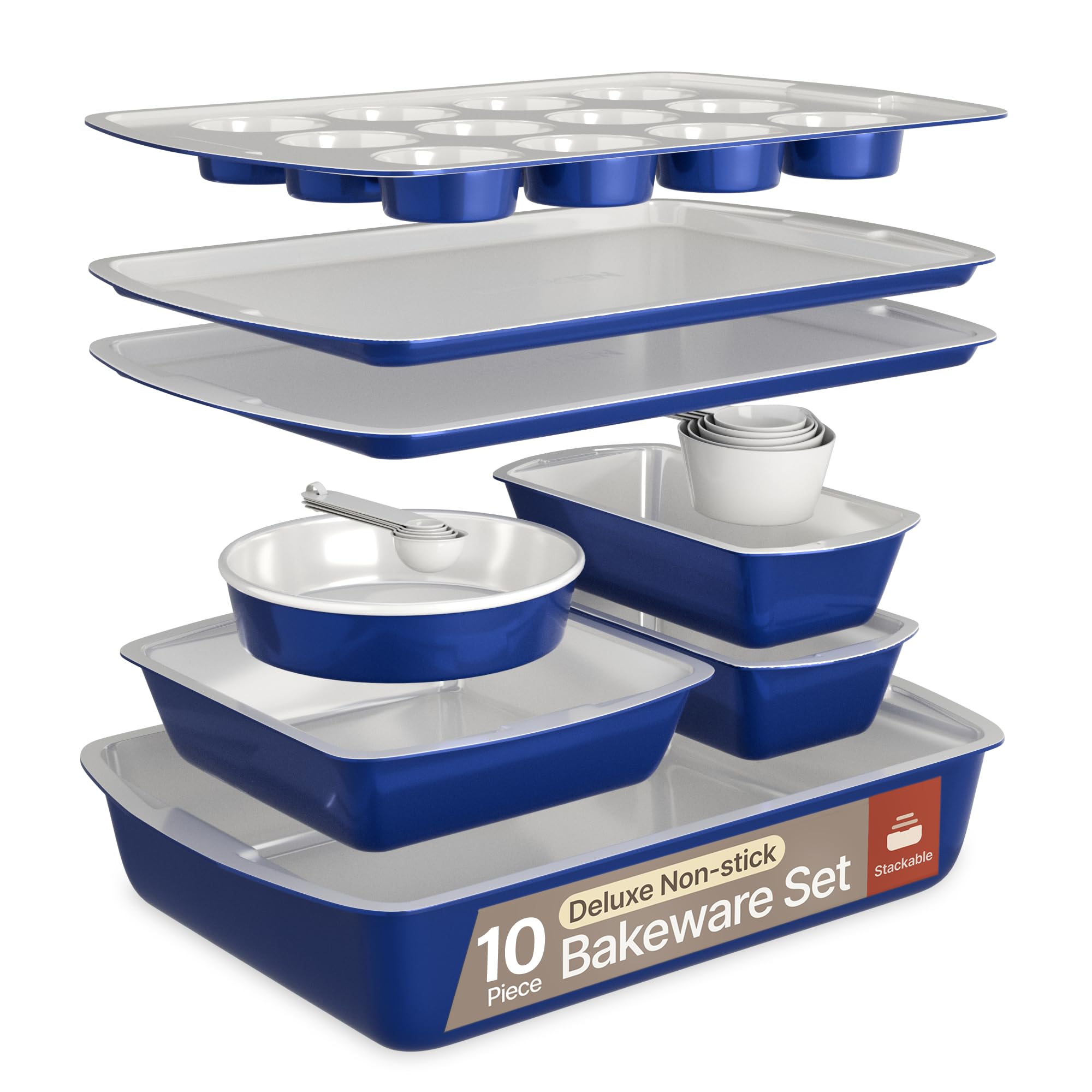 Royal Blue 10-Piece Bakeware Sets, Nonstick Carbon Steel Baking Sheet & Pans, Stackable Space-Saving Bakeware, Dishwasher Safe, Stain-resistant, PFOAPFOSPTFE Free, Oven Safe Up To 450°F (230°C) Image