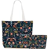 Aesthetic Floral Canvas Tote Bag Makeup Bag Set Flower Decor Gifts for Women Girls Sister Friend Nurse Vacation Travel Work Birthday Christmas Reusable Shopping Grocery Bags Travel Cosmetic Bags