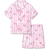 Tebbis Satin Pajamas for Girls-Cute Pink Silky Short-Sleeved Shorts Set with Adorable Puppy Prints Size 6/7-16