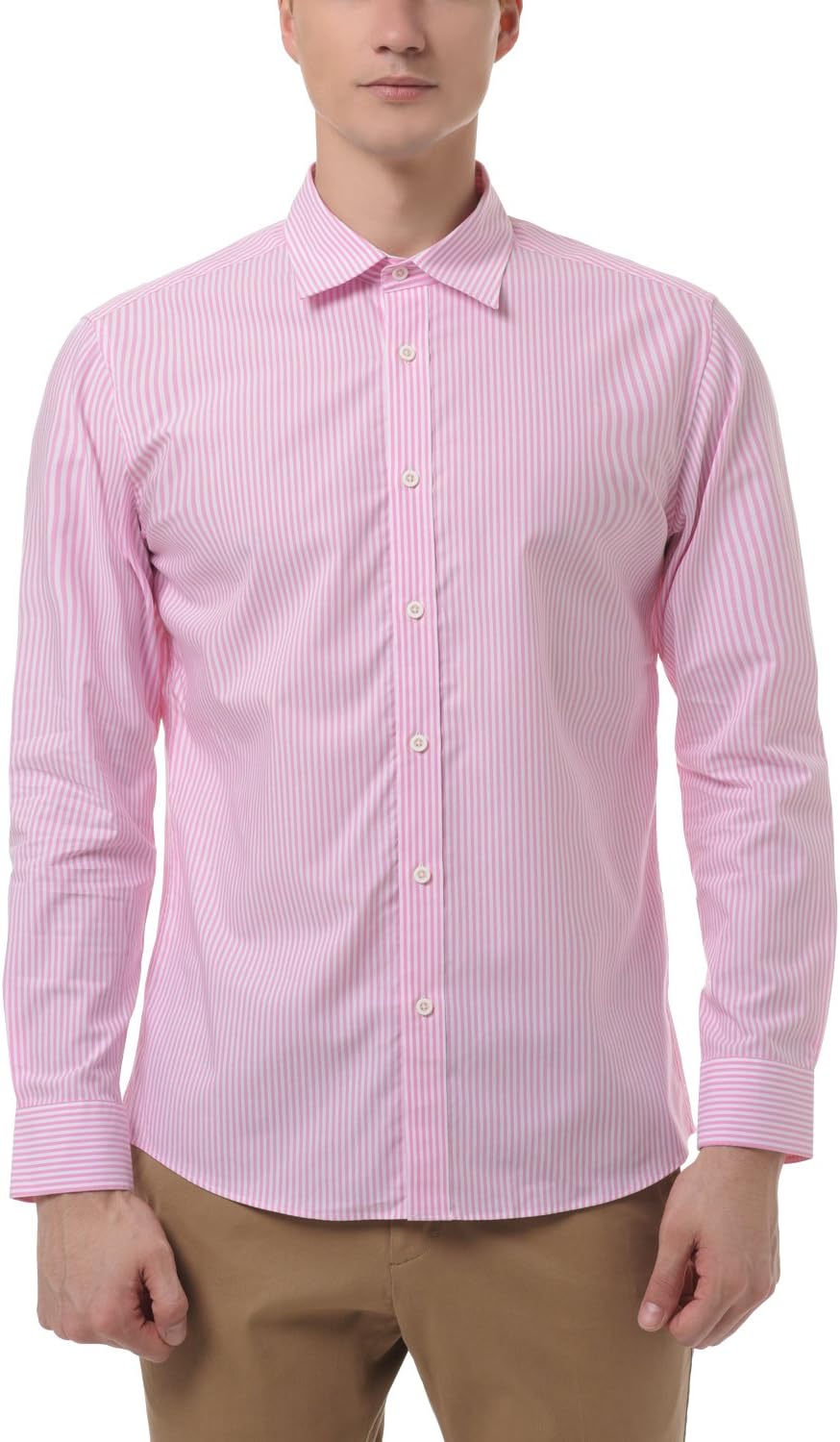 SPASSO Men's Basic Style Long-Sleeve Pink Stripe Shirt
