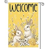 AVOIN colorlife Easter Bunny Garden Flag 12x18 Inch Double Sided Outside, Floral Welcome Holiday Yard Outdoor Flag Yellow