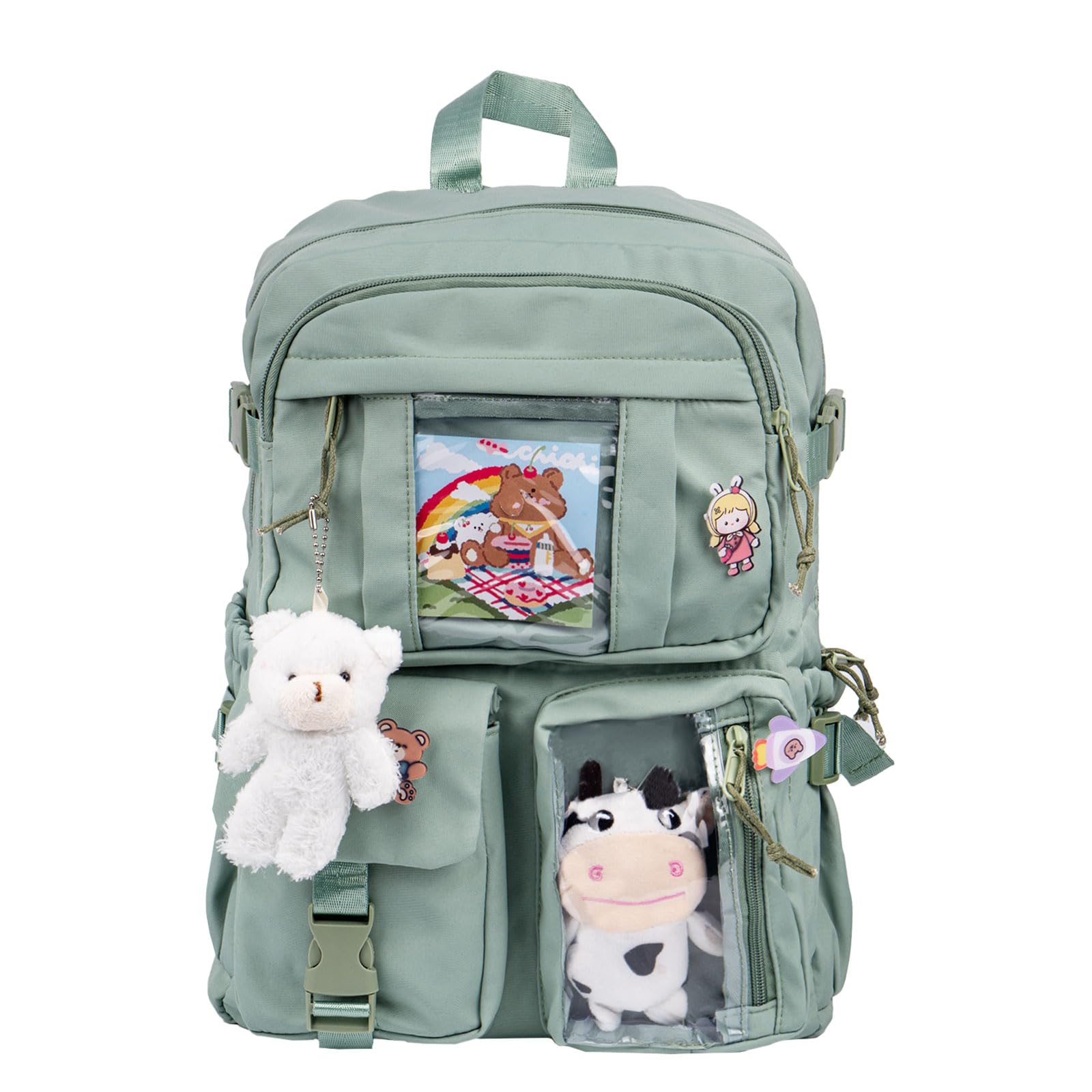 Photo 1 of *Minor Damaged* Thanps Kawaii Backpack for Girls, Cute Aesthetic Backpack with Pin Accessories Plush Pendant for School Girl Bookbag (Green)