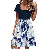 Newshows Women's Summer Dress Square Neck Patchwork A Line Beach Vacation Sundress Semi-Formal Work Business Teacher Outfits with Pockets(Floral08,L)