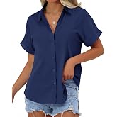 JEKAOYI Womens Button Down Shirts Cotton Linen Short Sleeve Blouses | Button up, Collared V Neck, Roll Up, Lightweight, Casual Spring Summer Vacation Tops