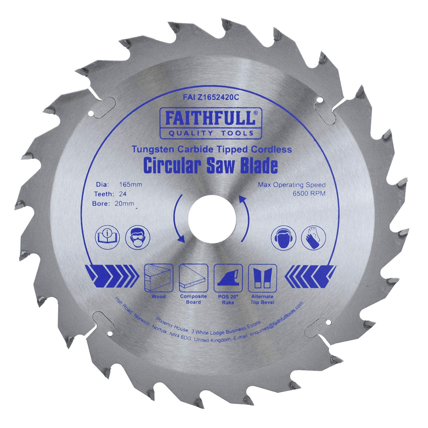 Faithfull FAIZ1652420C TCT Cordless Trimsaw Blade 165mm x 20mm Bore x 24 Teeth