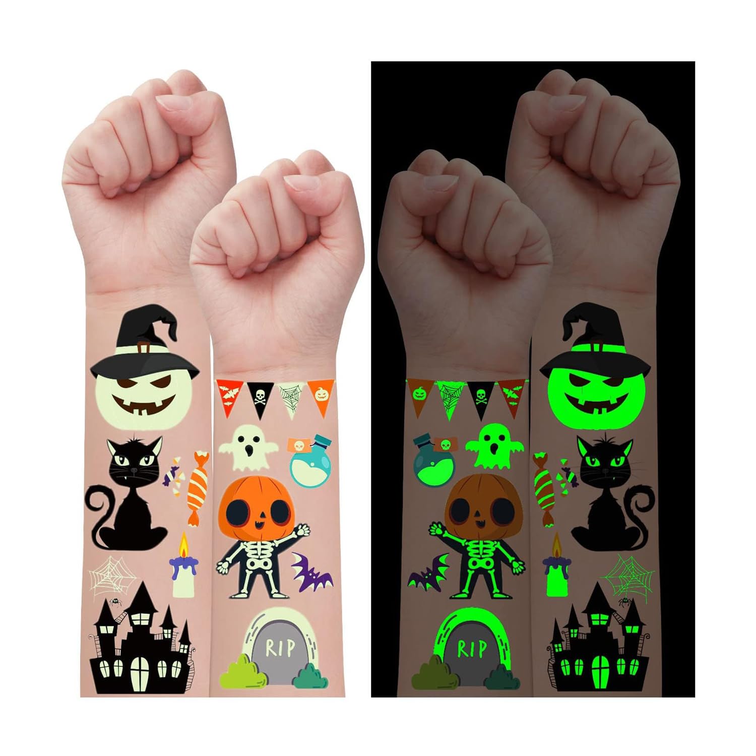 Leesgel Halloween Party Decorations, 130 Styles Luminous Temporary Tattoos for Kids Treats Sweets Stuff Bag Fillers, Fake Tattoo Stickers for Halloween Crafts Toys Supplies Favours