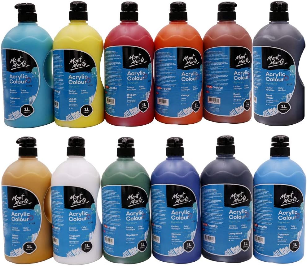 MONT MARTE Signature Acrylic Colour Paint Set, 12 x 33.8oz (1L), Semi-Matte Finish, 12 Colors, Suitable for Canvas Wood