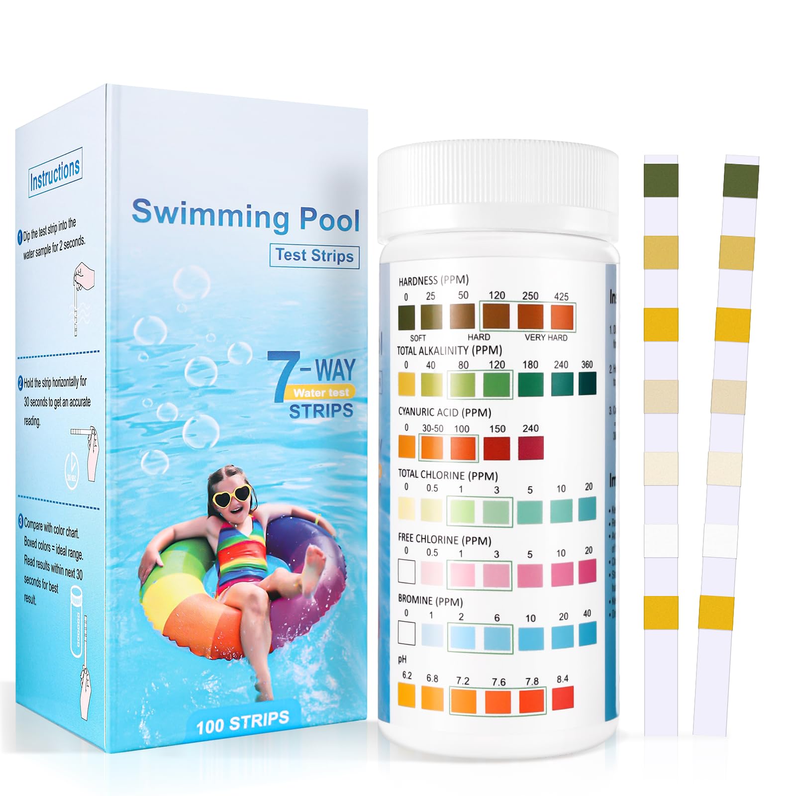 Accevo 7 in 1 Pool and Spa Test Strips, Swimming 100 Pool Test Kit, Hot Tub & Pool Water Testing Strips for pH, Total Chlorine, Total Alkalinity, Hardness, Free Chlorine, Bromine, Cyanurlc Acid