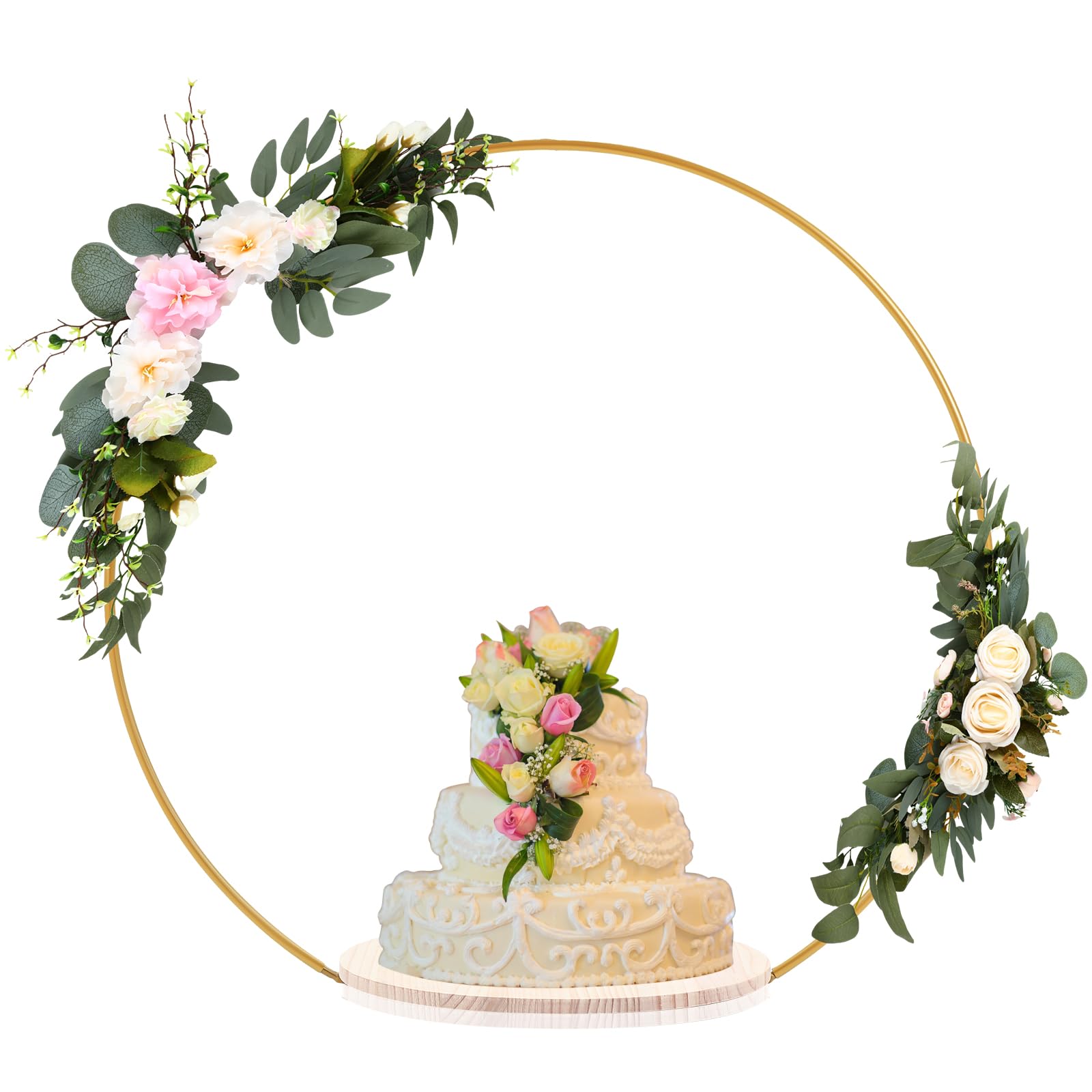 Photo 1 of Norme 33.5 Tall Wedding Arch Cake Stand Round Metal Cake Stand for Wedding Reception Hoop Decoration with Wooden Base Floral Decoration Display for Party Events Reception Supplies