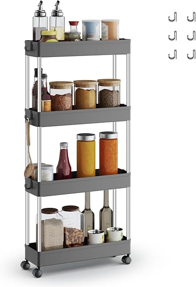 Songmics 4-Tier Storage Trolley with Wheels Dove Grey KSC008G01 14.4x42x86 cm