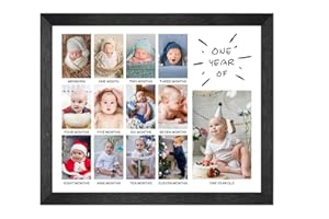 Comurdyo My Baby First Year Picture Frame - 12 Months Keepsake Photo Collage with 13 Inserts - First Birthday Milestone Wall Hanging - Gender Neutral - New Mom Gift (White)