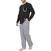 KUYIGO Mens Pajamas Set Sleepwear V Neck Long Sleeve Top and Plaid Pants 2 Piece Pjs Loungewear with Pockets
