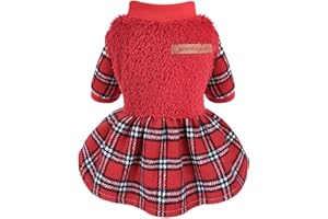 KOSIYI Dog Christmas Sweater Dog Christmas Outfit Winter Clothes, New Year Warm Fleece Dog Sweater Dress for Small Dogs Girl Boy Princess Plaid Dresses, Shih Tzu Pet Festival Outfits Apparel, Medium, Red