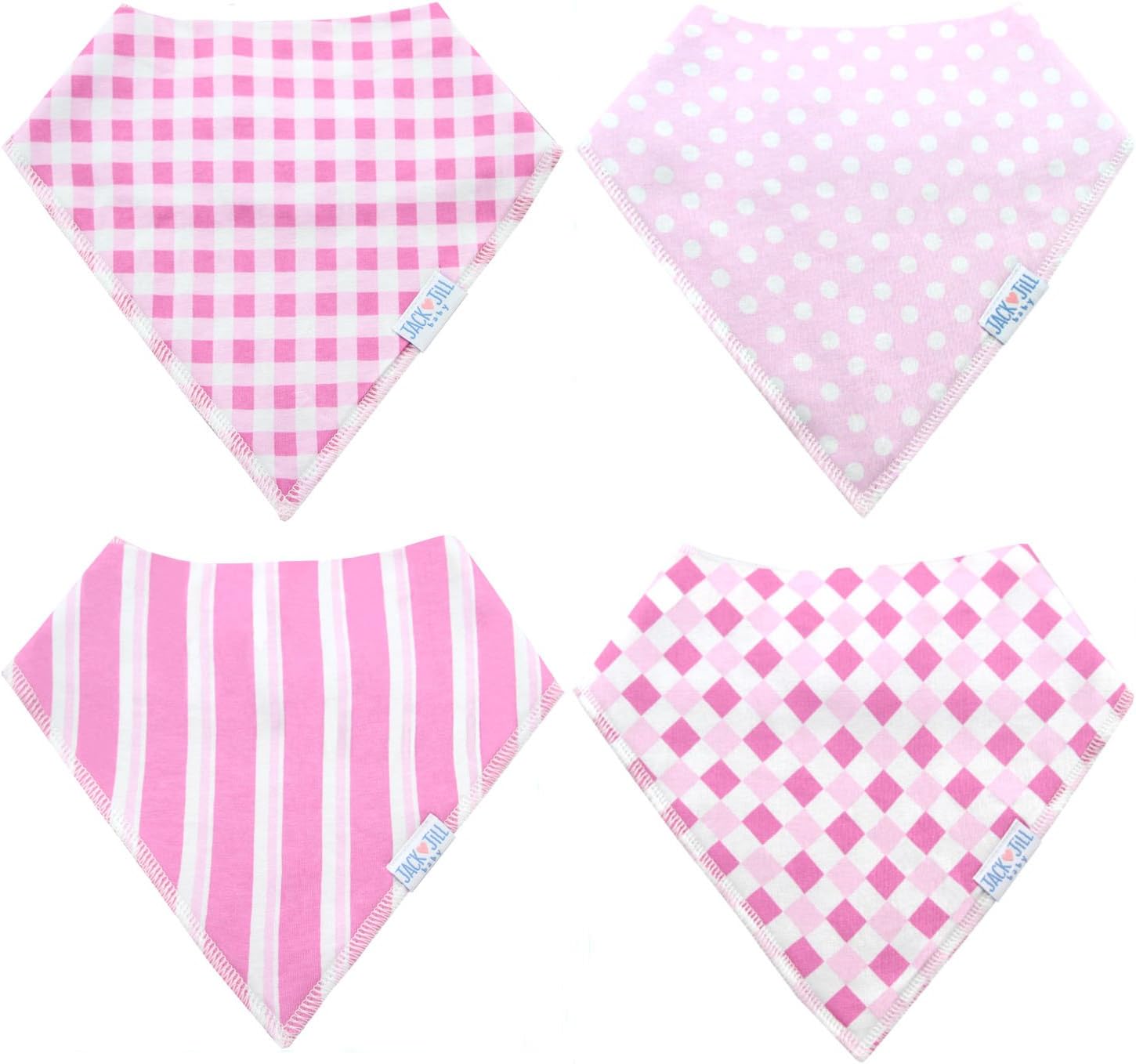 Jack Jill Baby Organic Cotton Baby & Toddler Bandana Bibs with adjustable snaps (4 pack set pink)