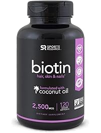 Biotin (2500mcg) with Organic Coconut Oil; Supports Hair Growth, Glowing Skin and Strong Nails ~ 120 Veggie Softgels