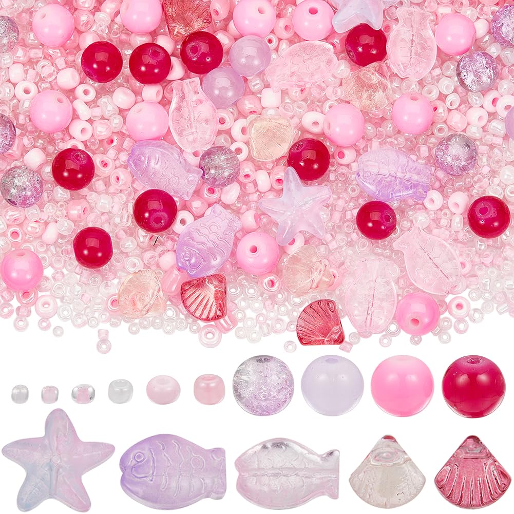 SUNNYCLUE 1 Box 3100+Pcs Sea Beads Kit Ocean Glass Beads Glass Fish Beads Starfish Shell Beads Pink Glass Seed Bead Summer Hawaii Spacer Beads for jewellery Making DIY Bracelets Earrings Necklaces
