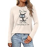 It's Fine I'm Fine Everything is Fine Funny Cat Printed T-Shirt for Women Long Sleeve