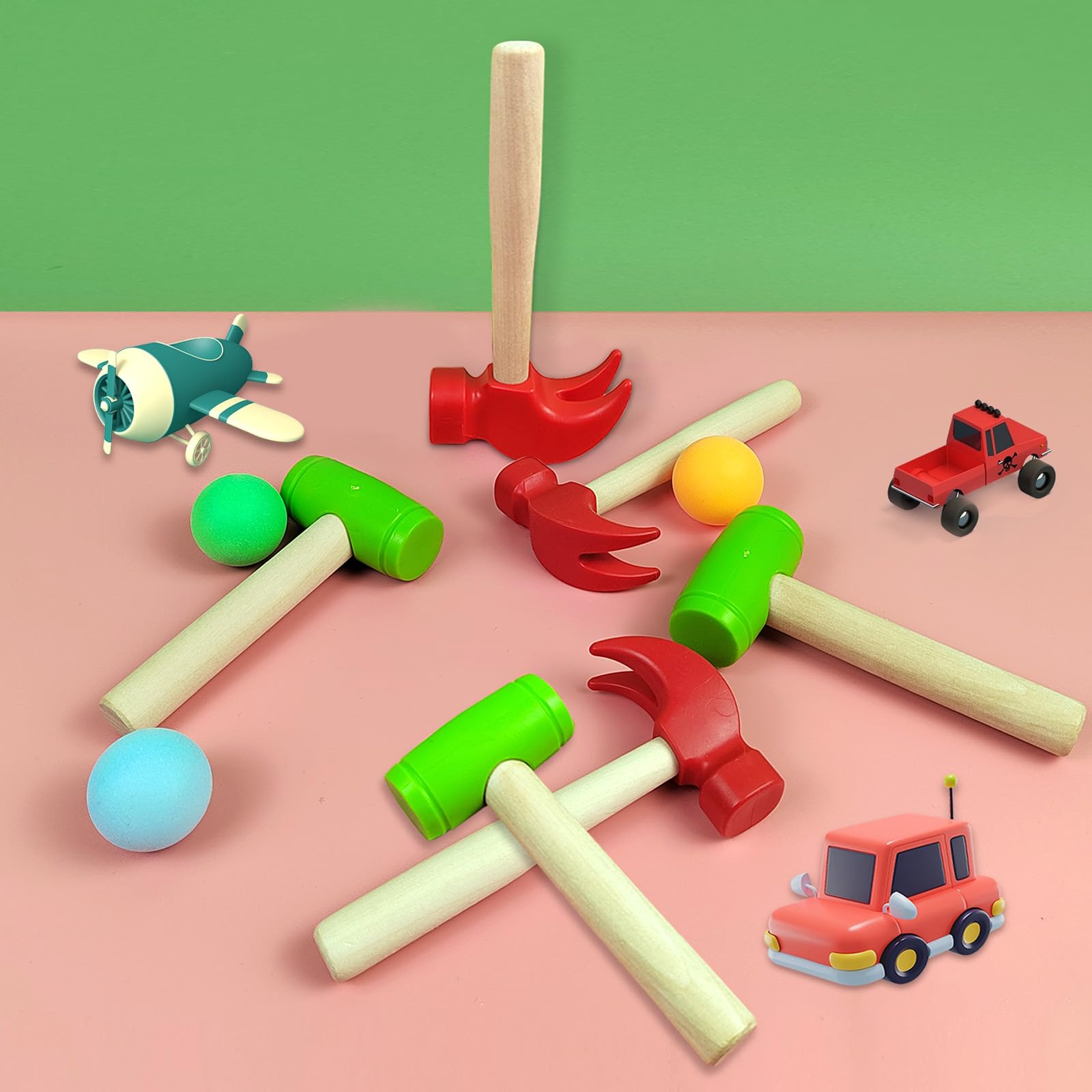 AIHSUMC 10 Pcs Kids Wooden Hammer Toy with 100 Pcs Colorful Wood Golf Tees, Small Plastic Hammer Simulation Hammers Educational Toys for Children Gift Birthday Party (Red and Green)