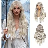 Long Platinum Ash Blonde Wavy Wig with Curtain Bangs for Women 26 Inch Heat Resistant Synthetic Mixed Ash Blonde Wig Natural Looking Gray Wavy Hair for Daily Wear, Party, Cosplay, Halloween
