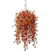 Fall Artificial Fake Mums Hanging Flowers Plants Basket for Outdoor Decoration,Faux Silk Daisy planters UV Resistant Look Real for Home Porch Patio Balcony Yard Autumn Decor (Orange Brown)