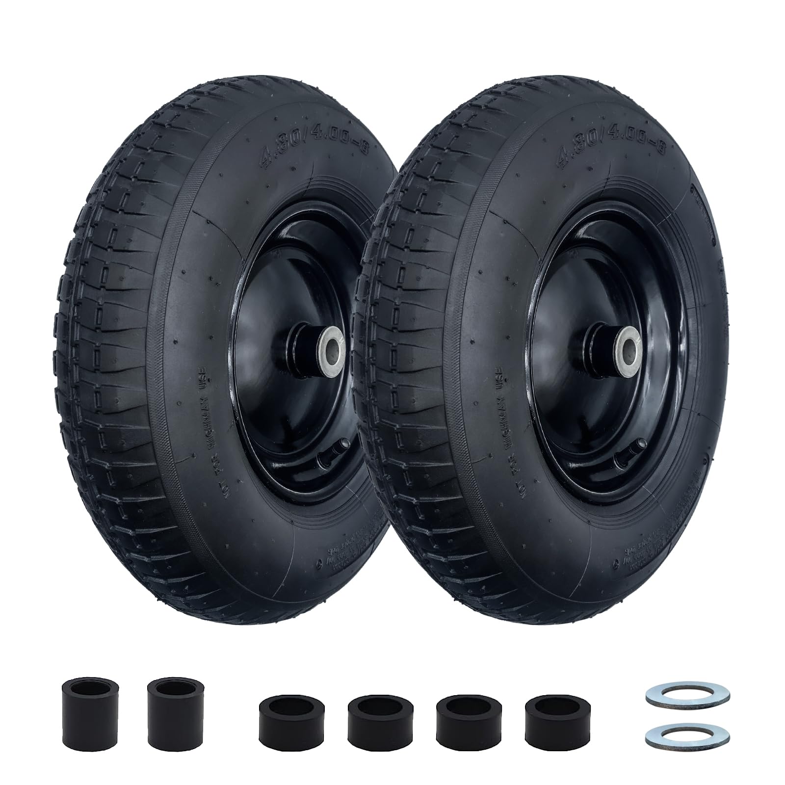 Photo 1 of 2-Pack 4.80/4.00-8" Pneumatic Wheelbarrow Wheel and Tires with 3"- 7" Center Hub and 5/8" Bushings for Wheelbarrow and Yard Cart Garden Wagon