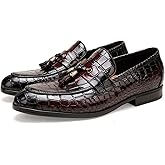 Mens Leather Tassel Shoes, Classic Formal Crocodile Printed Tassel Business Dress Shoes Party Loafers for Men