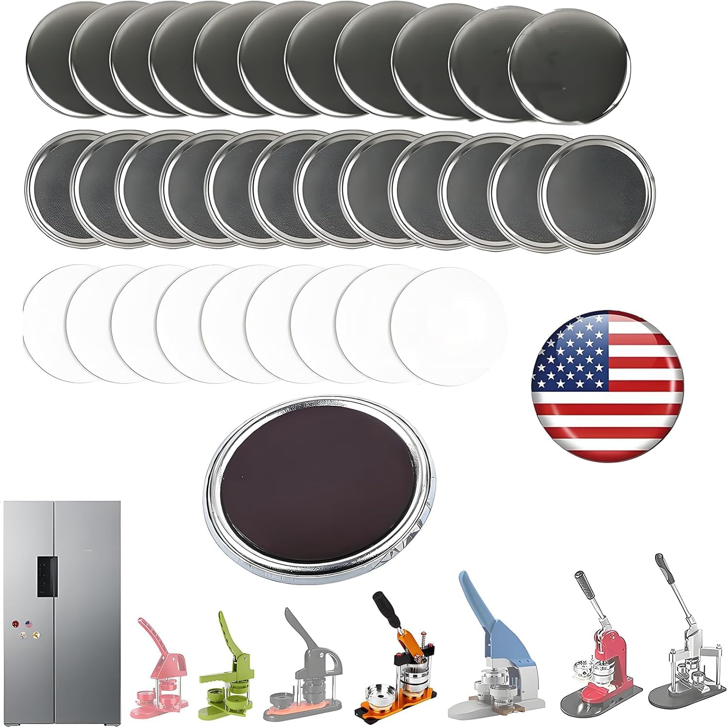 Photo 1 of 100 Sets Magnet Making Supplies, 2.28 Inches/ 58 mm Round Magnet Maker Machine Consumables for DIY Badge Creatio, Including Magnets, Metal Cover, Back Cover, Clear Film