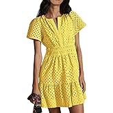 utcoco Lace Eyelet Mini Dress for Women 2025 Casual V Neck Short Sleeve Smocked Waist Tiered Boho Sun Dresses