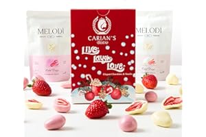 CARIAN'S BISTRO CARIANS Freeze Dried Strawberries Dipped in Belgian White and Ruby Snacks, Valentine's Day Chocolate Gift Box, Elegant Holiday Gift, Premium Gourmet Chocolate Gift Basket, 2 Pack x 2.82 oz, 16 pc.