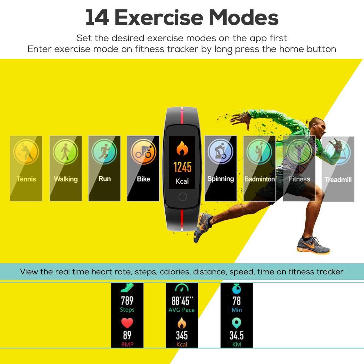 CHEREEKI Montre Connectée, Podomètre Bracelet Connecté Etanche IP68 Cardiofréquencemètre Stopwatch Contrôle de La Musique Smart Watch Cardio Fitness Tracker d\'Activité pour Femme Homme Enfant (Vert)