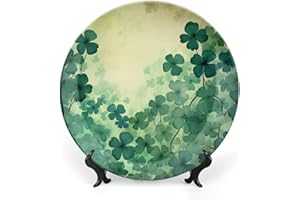 Gokays St. Patrick's Day Decorative Plates for Home Party, Vintage Lucky Clover Decor Tray for Table Display, Ceramic Dinner Plate W/Stand, Living Room Decor, Green Party Supplies, 8 Inch