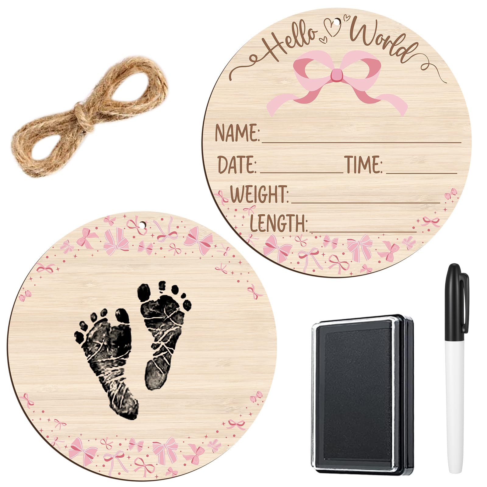 Photo 1 of Thyle Baby Announcement Wooden Name Sign for Hospital Birth Double Sided Newborn Welcome Sign with Marker Pen and Ink Pad for Baby Shower Hand Footprints (Pink Bow)