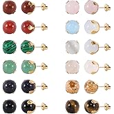 JUSTJANDM 12 Pairs Multi Natural Gemstone Round Bead Ball Stud Earrings Stainless Steel Opal Tiger Eye Rose Quartz Onyx Stone Stud Earrings Set for Women