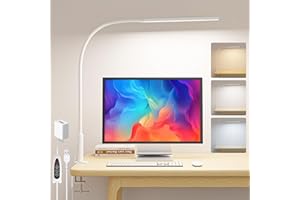 SEOUFRDZ Desk Lamp with Clamp, Eye Caring Clip Light for Home Office, 3 Colors Stepless Dimming, Flexible Gooseneck Table Lamp with USB Adapter for Reading Working Workbench Drawing Gaming (White Pro)