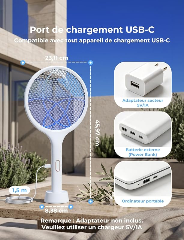 Raquette Electrique Insectes, Raquette Anti Moustiques Électrique 4000 V 1500 mAh Rechargeable avec Base Stable Contre Moustiques Mouches Insectes Volants, Blanc