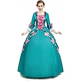 daizbella Medieval Dress Pompadour Dress Green Satin Rococo Vintage Dress with Pink Bow Decorations