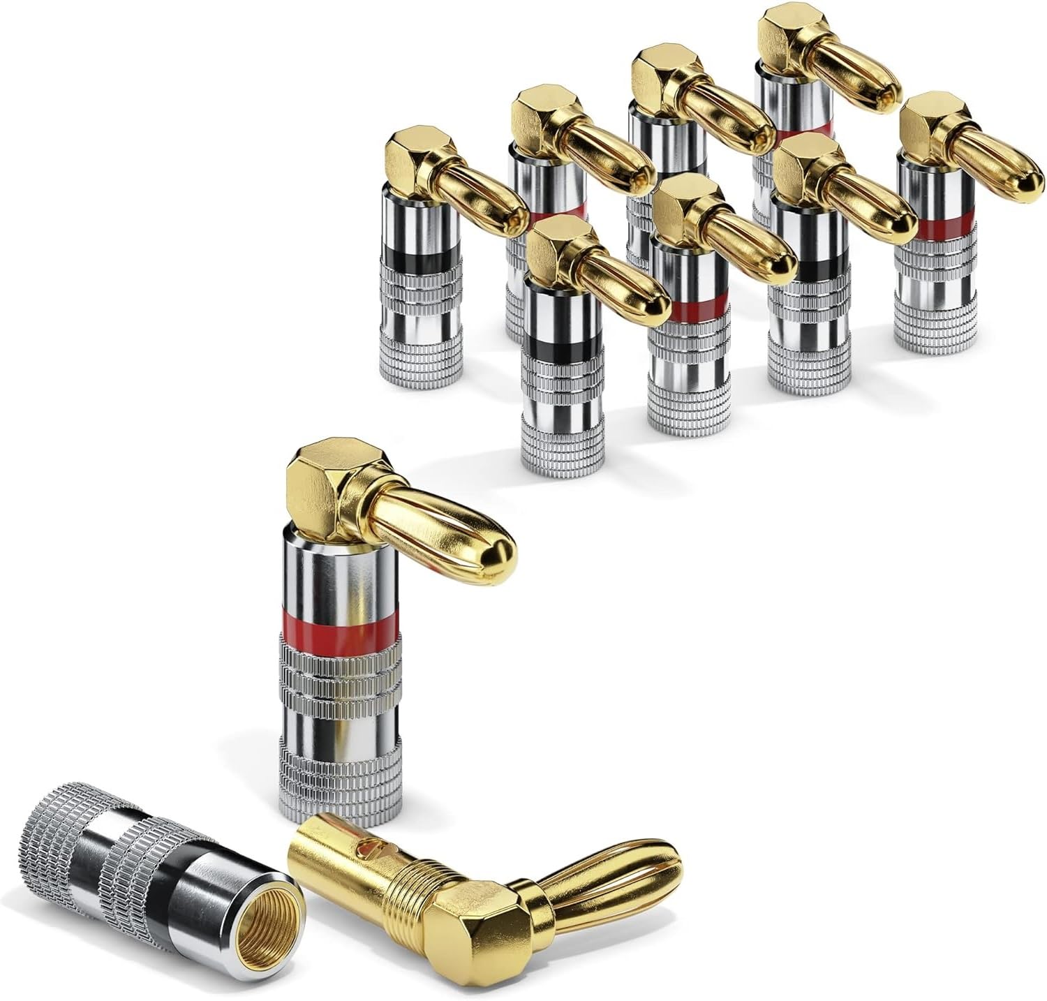 ETEC Banana Plug, Suitable for Speaker Cables up to 6 mm² Cross Section, 90° Angled with Colour Coding (4 x Red, 4 x Black), Set of 8, 24 K Gold-Plated